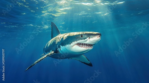 A great white shark gracefully swimming in the deep ocean. photo
