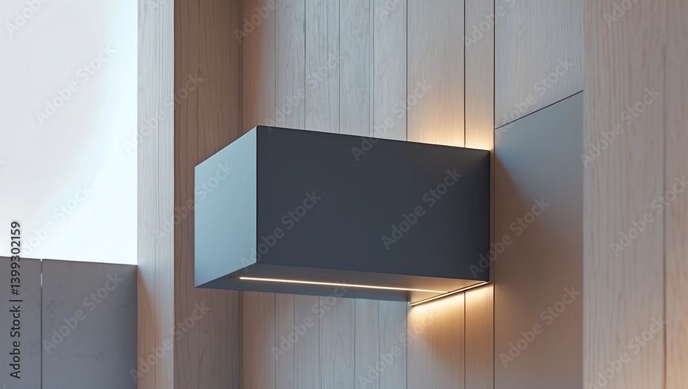 Black signboard with copyspace and backlight on the corner of eco style wooden building near entrance, 3D rendering, mock up 