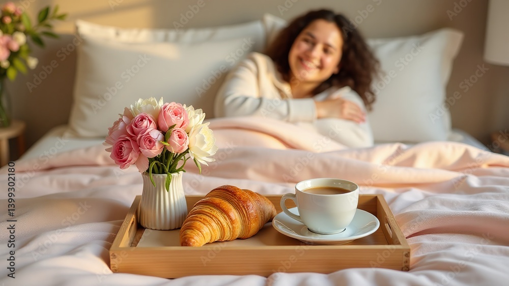 Mother's Day breakfast in bed, Cozy morning surprise, Flowers and tray setup, Relaxed home celebration Mother's Day breakfast in bed, Cozy morning surprise, Flowers and tray setup, Relaxed home celebration
