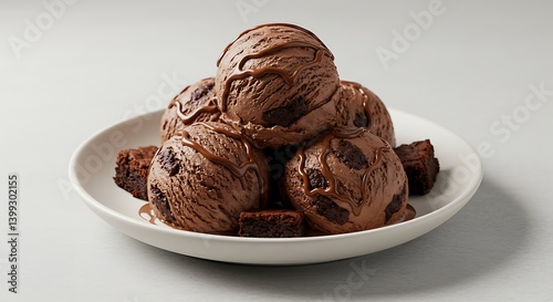 Chocolate Ice Cream Scoops with Brownie Pieces and Fudge Drizzle