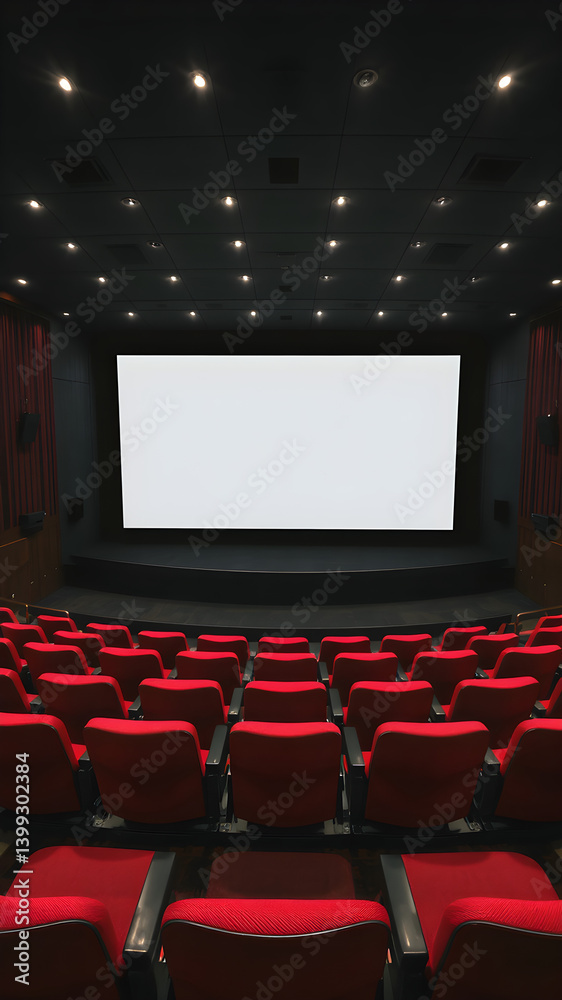 Empty modern cinema hall with red seats and blank white screen in dark interior, perfect for presentation or advertising mockup template use. Empty modern cinema hall with red seats and blank white screen in dark interior, perfect for presentation or advertising mockup template use.