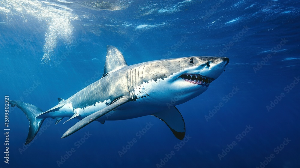 Fototapeta premium A great white shark glides through the deep blue ocean.