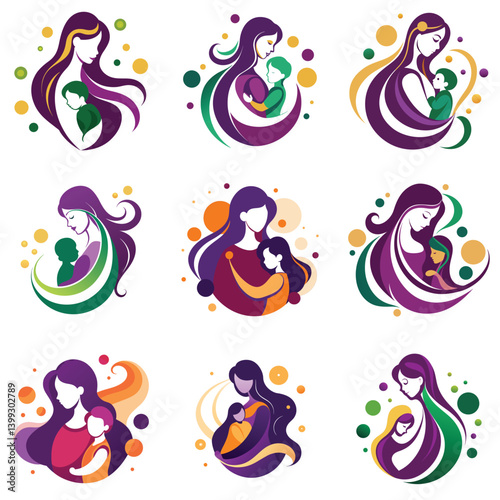 Mother and Child Bonding Icons Colorful Digital Art Collection for Mothers Day Celebration