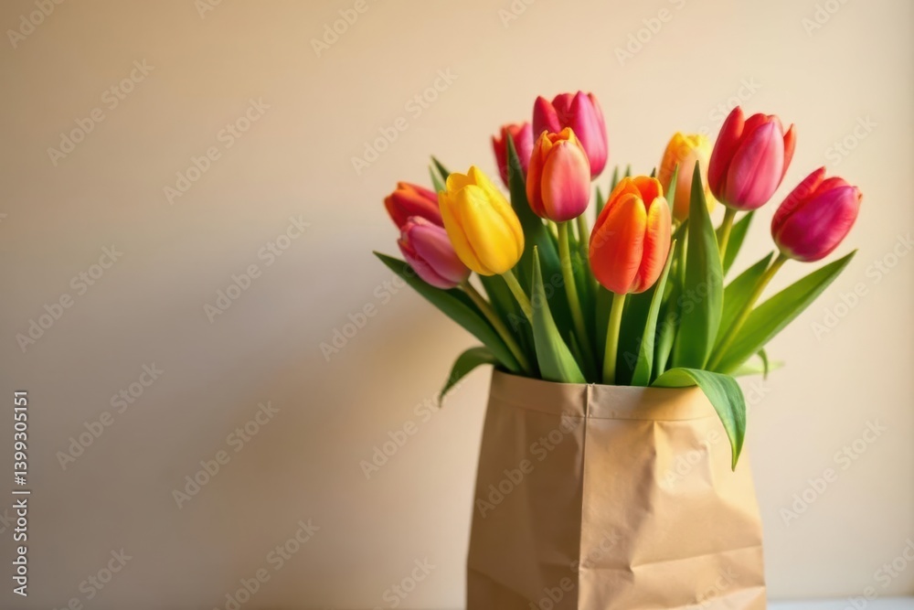 A vibrant bouquet of spring tulips, showcasing a delightful array of colors, artfully arranged in a simple brown paper bag, offering a cheerful and elegant display of floral beauty. A vibrant bouquet of spring tulips, showcasing a delightful array of colors, artfully arranged in a simple brown paper bag, offering a cheerful and elegant display of floral beauty.