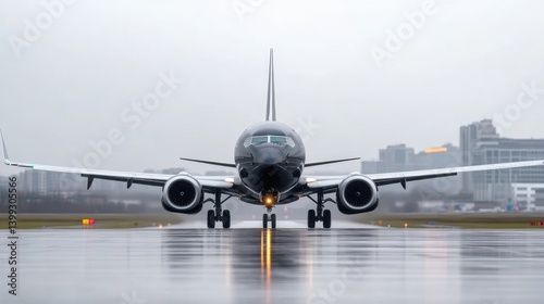 Private Jet on Runway Wet Asphalt Modern Sleek High-Resolution Front View Reflective Surface Taxiing Cityscape Background Dark Moody Ideal for Aviation Marketing