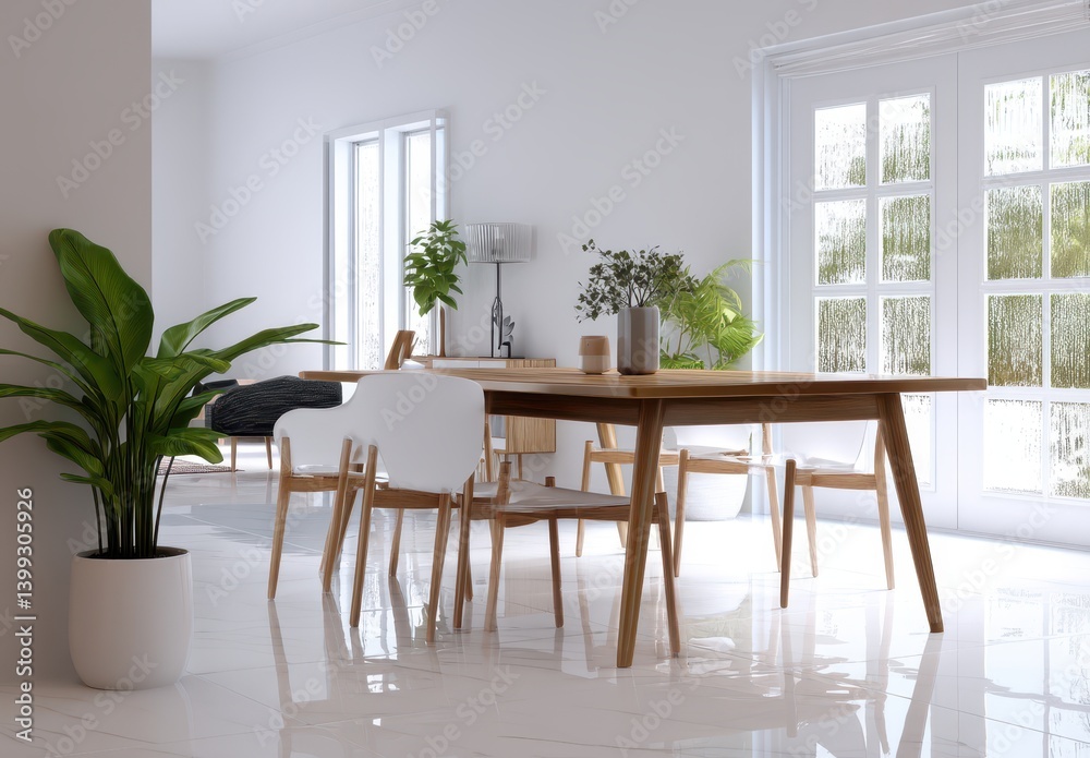 Fototapeta premium Modern dining room with wooden furniture, white chairs, and lush green plants.
