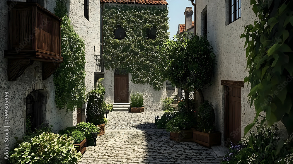 Naklejka premium Quaint European Village Alleyway with Lush Gardens