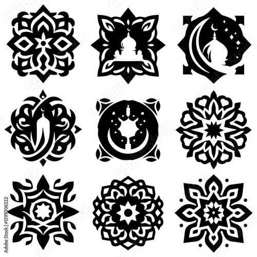 set of black and white juxtaposed floral mandala showcasing refined geometric symmetry and intricate artistic refinement
