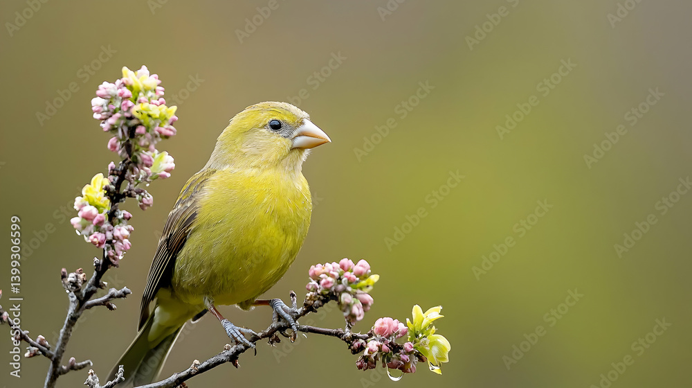 Yellow Bird Perched On Branch With Spring Flowers Yellow Bird Perched On Branch With Spring Flowers