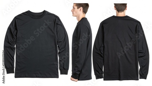 Blank black long sleve t-shirt mock up template, front and back and side view, isolated on white background with clipping path.