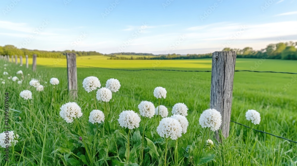 Naklejka premium White flowers by a rustic fence in a green field under a clear sky