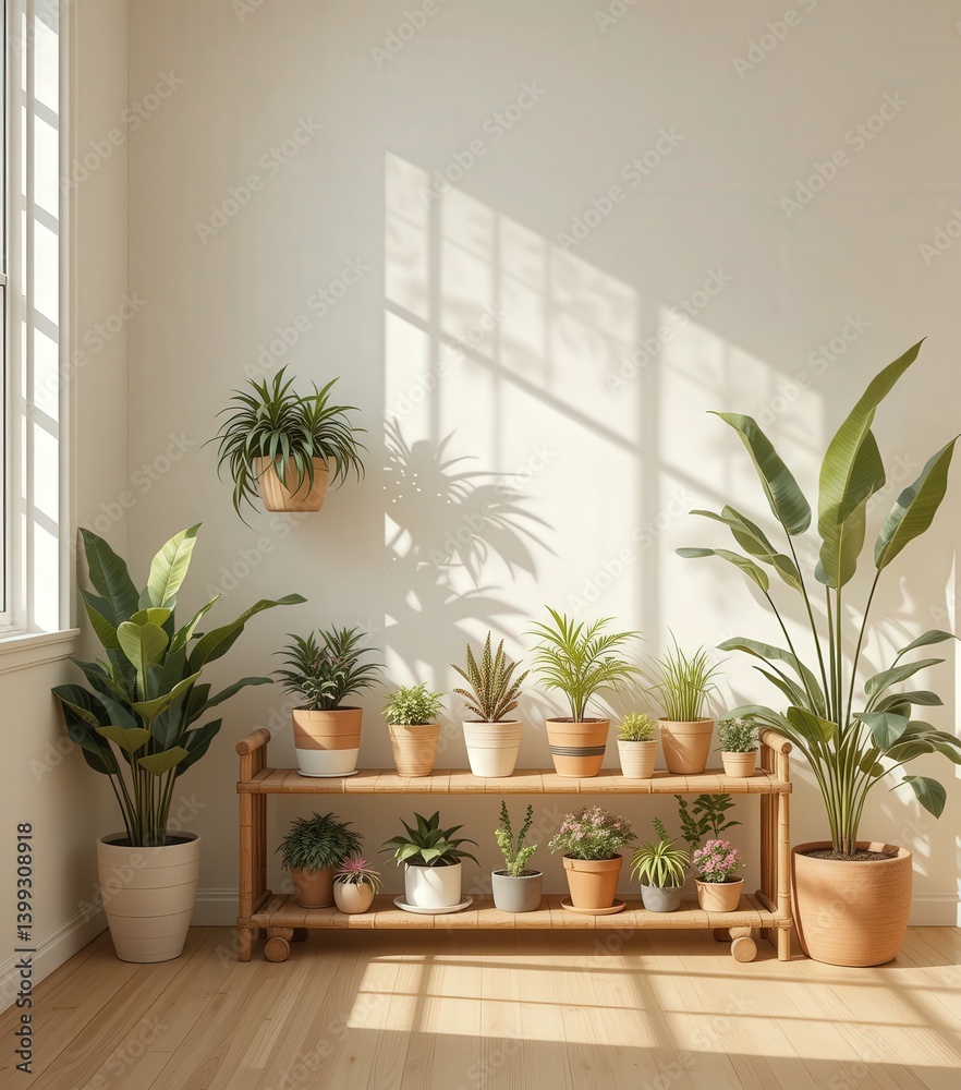 A rustic wooden shelf adorned with a variety of vibrant potted plants, showcasing lush green foliage and colorful blooms, creating a warm and inviting atmosphere in a cozy room. A rustic wooden shelf adorned with a variety of vibrant potted plants, showcasing lush green foliage and colorful blooms, creating a warm and inviting atmosphere in a cozy room.