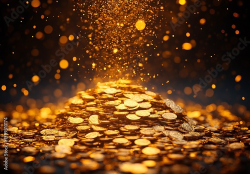 A glistening pile of gold coins, illuminated by a shower of golden sparkles.  Wealth, abundance, and prosperity.