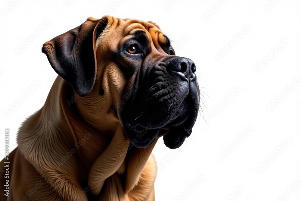 Fototapeta premium Imposing mastiff, head tilted, pure white backdrop, nose, white background photography