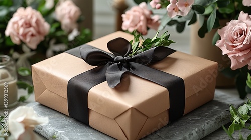 Elegant Gift Box with Black Ribbon Surrounded by Flowers and Greenery