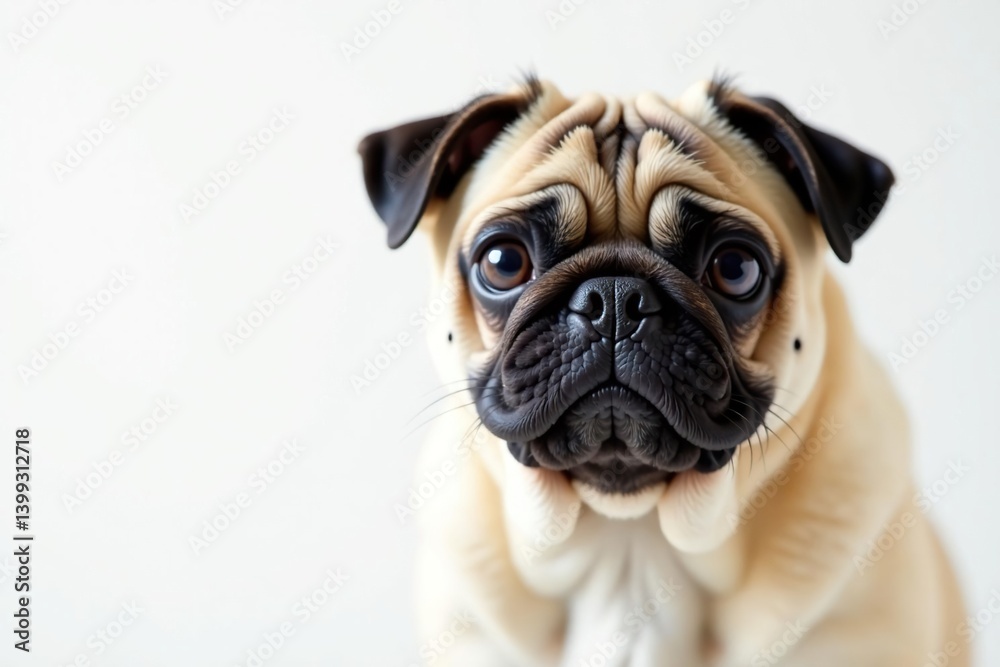 Charming pug with expressive eyes, alone against bright white backdrop, canine, isolated Charming pug with expressive eyes, alone against bright white backdrop, canine, isolated