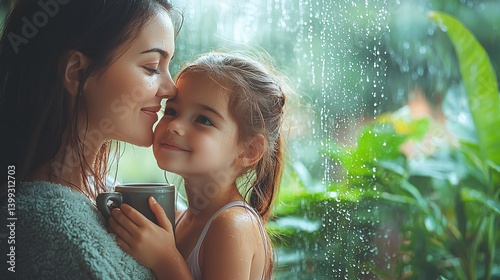 Joyful mother and daughter share a tender moment by the window