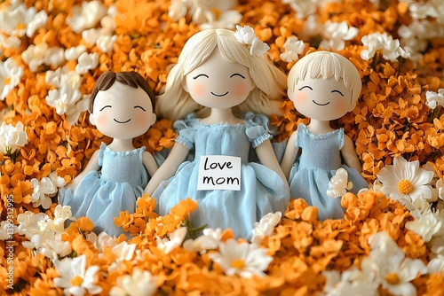 Adorable Dolls Surrounded by Colorful Flower Petals with Love Message