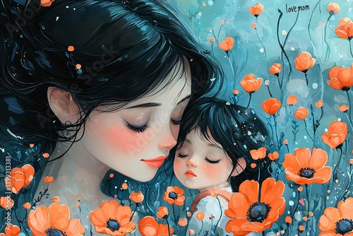 Tender Mother-Child Bond Illustrated with Vibrant Flowers in Garden