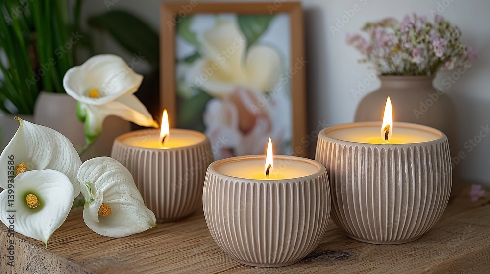 Cozy and Elegant Candle Setup with Flowers and Art Decoration Cozy and Elegant Candle Setup with Flowers and Art Decoration