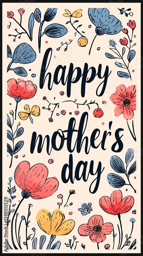 Happy Mother's Day Floral Design with Colorful Flowers and Butterflies