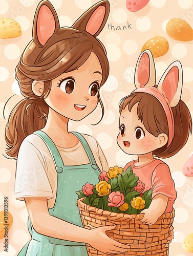 Happy Mother and Child in Bunny Ears Holding Flower Basket