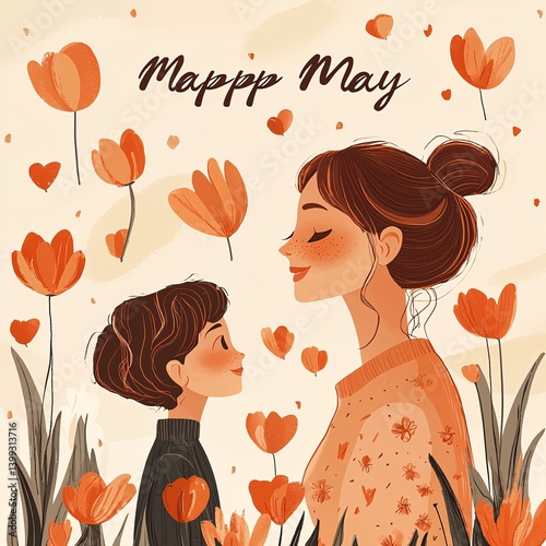 Beautiful illustration of mother and child surrounded by flowers