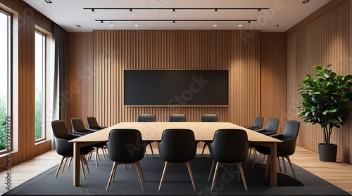 Contemporary boardroom interior with clean lines, natural lighting, and stylish furniture setup for professional meetings


 photo