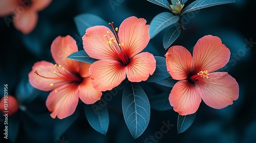 Vibrant Hibiscus Flowers with Dark Green Leaves on Elegant Background
