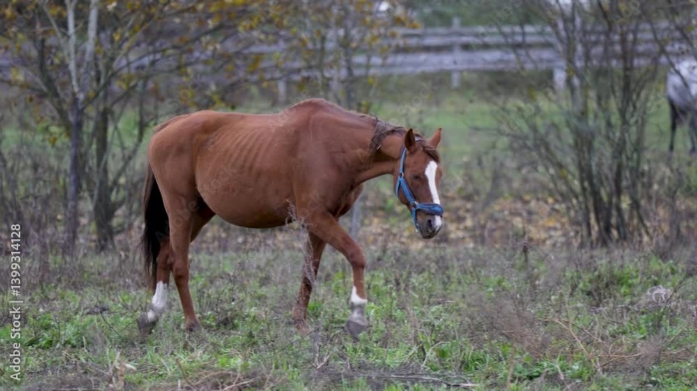 Domesticated horse in work gear harness walking in fenced grazing area near male equine group on farm. Ranch herd animals care, harnessed equine strolling in pasture, stallion separation, rustic life Domesticated horse in work gear harness walking in fenced grazing area near male equine group on farm. Ranch herd animals care, harnessed equine strolling in pasture, stallion separation, rustic life