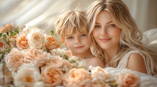 Beautiful Mother and Son Surrounded by Pink Floral Arrangement