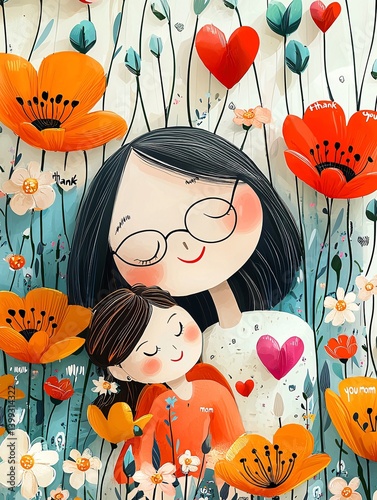 Heartwarming Illustration of Mother and Child Surrounded by Flowers