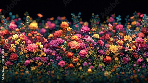 Colorful Floral Field with Vibrant Blooms on Dark Background