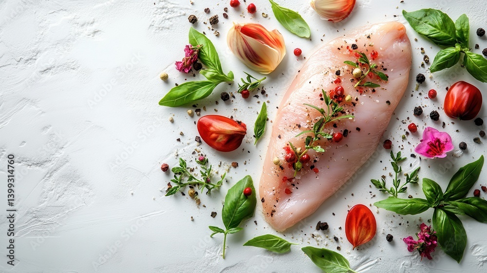 A beautifully arranged raw fish fillet garnished with herbs, cherry tomatoes, and colorful flowers on a textured white background. A beautifully arranged raw fish fillet garnished with herbs, cherry tomatoes, and colorful flowers on a textured white background.