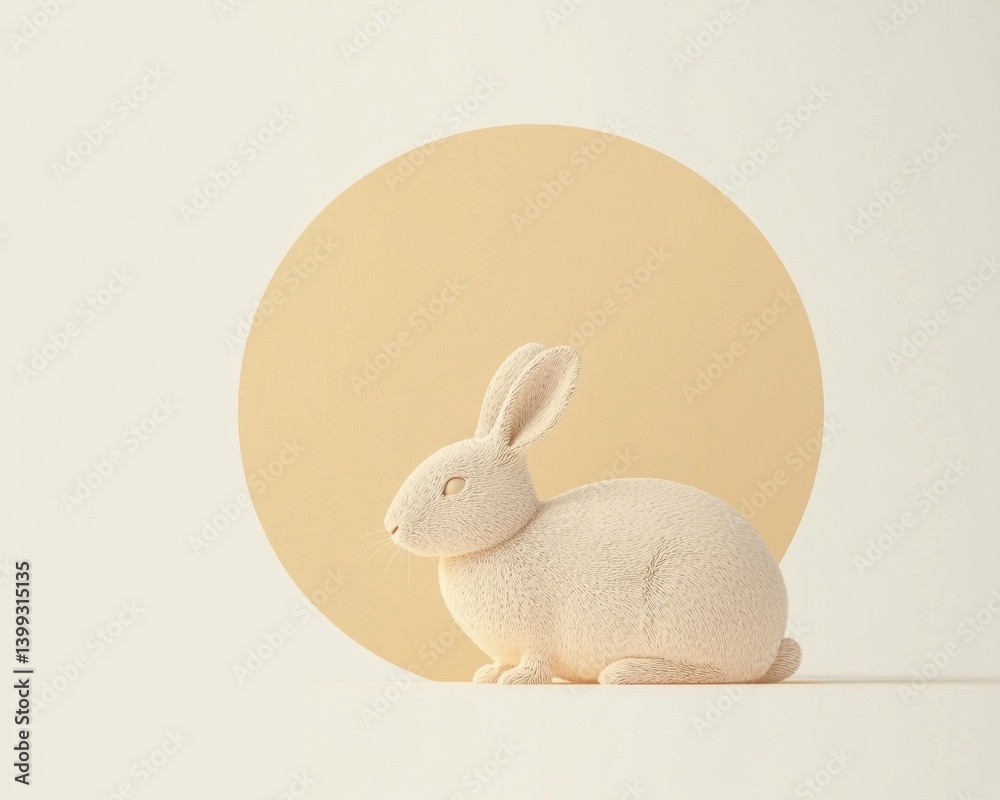 Obraz premium A minimalist depiction of a soft, white rabbit set against a pale circular background, creating a serene and artistic atmosphere.