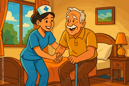 Nurse assisting smiling senior man in a cozy bedroom  