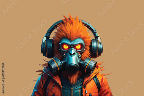 Futuristic Cyberpunk Monkey with Glowing Eyes, Headphones, and Gas Mask.