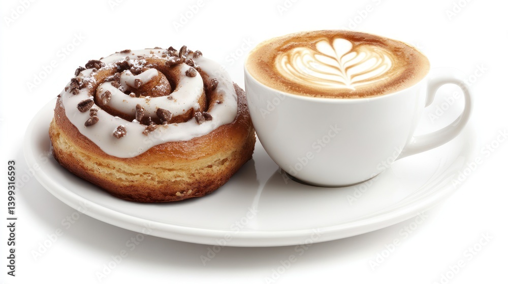 Indulge in a delightful pairing of cinnamon roll and frothy latte art moments Indulge in a delightful pairing of cinnamon roll and frothy latte art moments