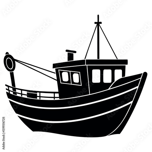 A fishing boat silhouette illustration on white background.