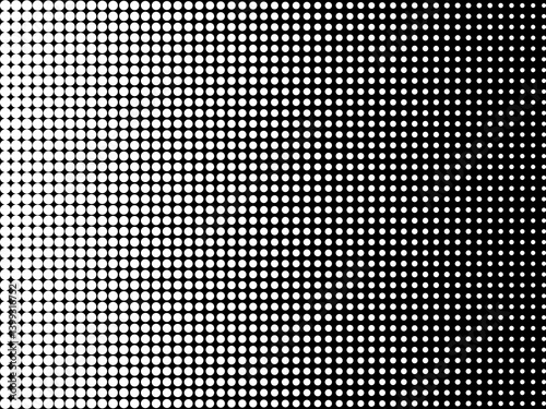Halftone dot pattern transitioning from white to black, creating a gradient effect. The circular dots vary in size and density, forming a retro-style abstract design.

