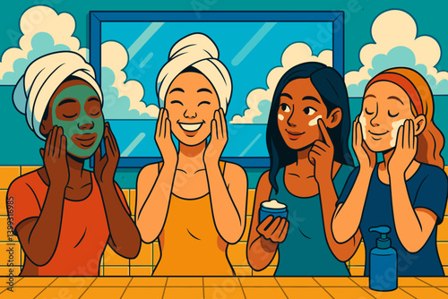 Multiethnic women enjoying skincare routine in a bright bathroom  