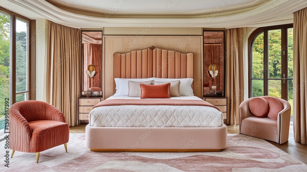 Fototapeta premium A luxurious, peach-toned bedroom suite with a plush bed and accent chairs.