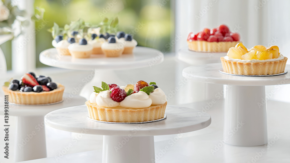 Fototapeta premium Delicious fruit tarts displayed elegantly white pedestals, showcasing vibrant berries and creamy toppings, perfect for dessert