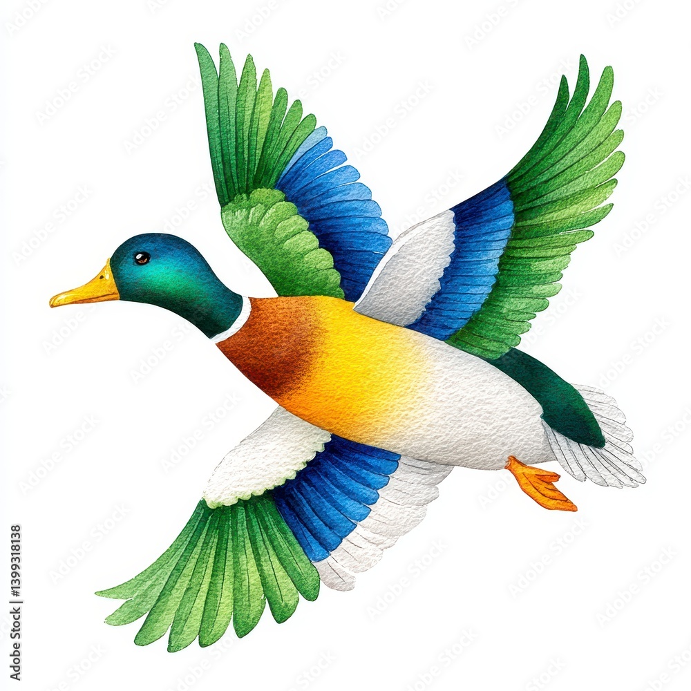 Obraz premium Vibrant Mallard Duck in Flight Watercolor Illustration
