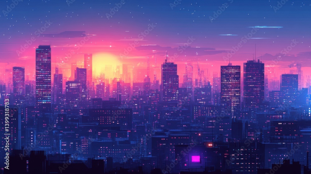 Obraz premium A vibrant city skyline at sunset, featuring tall buildings and a colorful sky filled with shades of pink and blue.