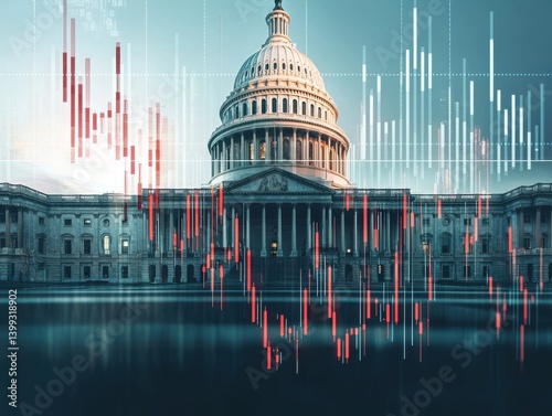 A modern representation of financial data overlaying a governmental building.