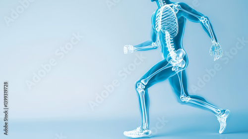 transparent human skeleton running in dynamic pose, showcasing skeletal structure and movement