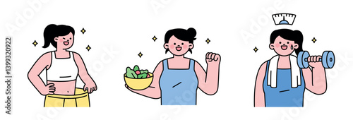 Healthy lifestyle concept with women exercising, eating salad, and losing weight in a cute flat style.