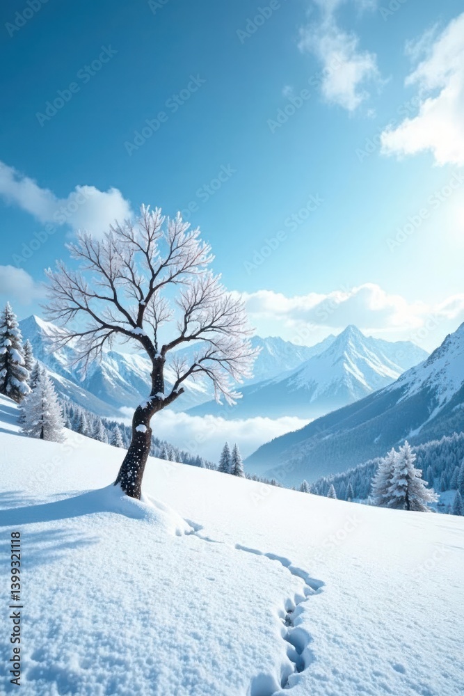 A solitary frost-covered tree stands in a pristine snowy landscape, a trail of footprints leading away from its base towards a majestic mountain range under a brilliant blue winter sky. A solitary frost-covered tree stands in a pristine snowy landscape, a trail of footprints leading away from its base towards a majestic mountain range under a brilliant blue winter sky.