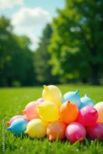 A Colorful Pile of Inflatable Water Balloons Resting on Lush Green Grass in a Sunny Outdoor Setting